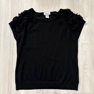 Carmen Marc Valvo Black Floral Embellished Knit Top M Short Sleeve